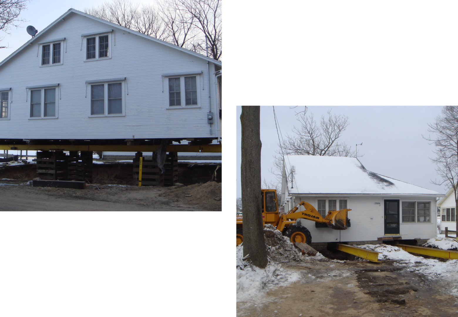 House being relocated with heavy equipment.
