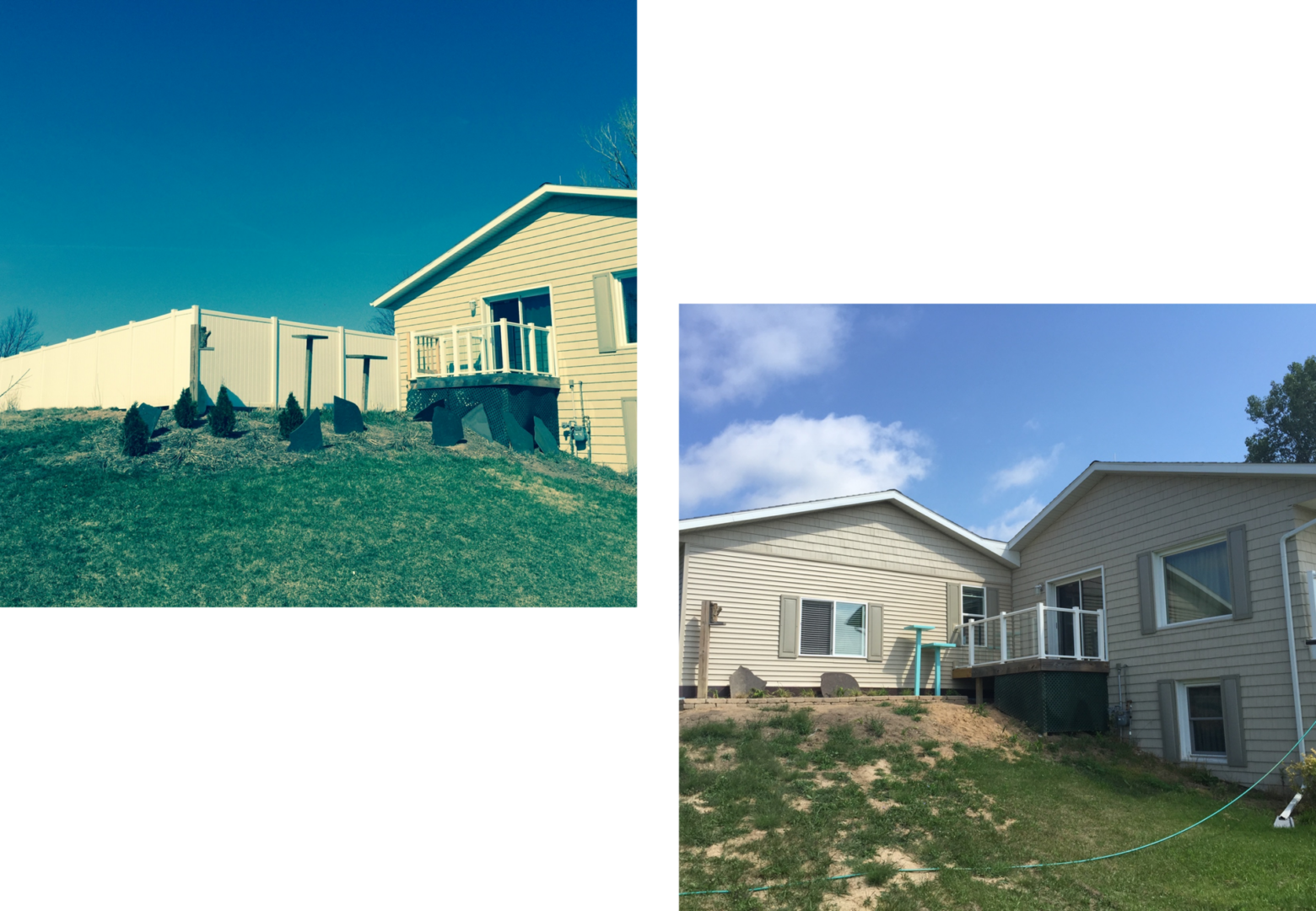 Two beige houses with grassy yards.