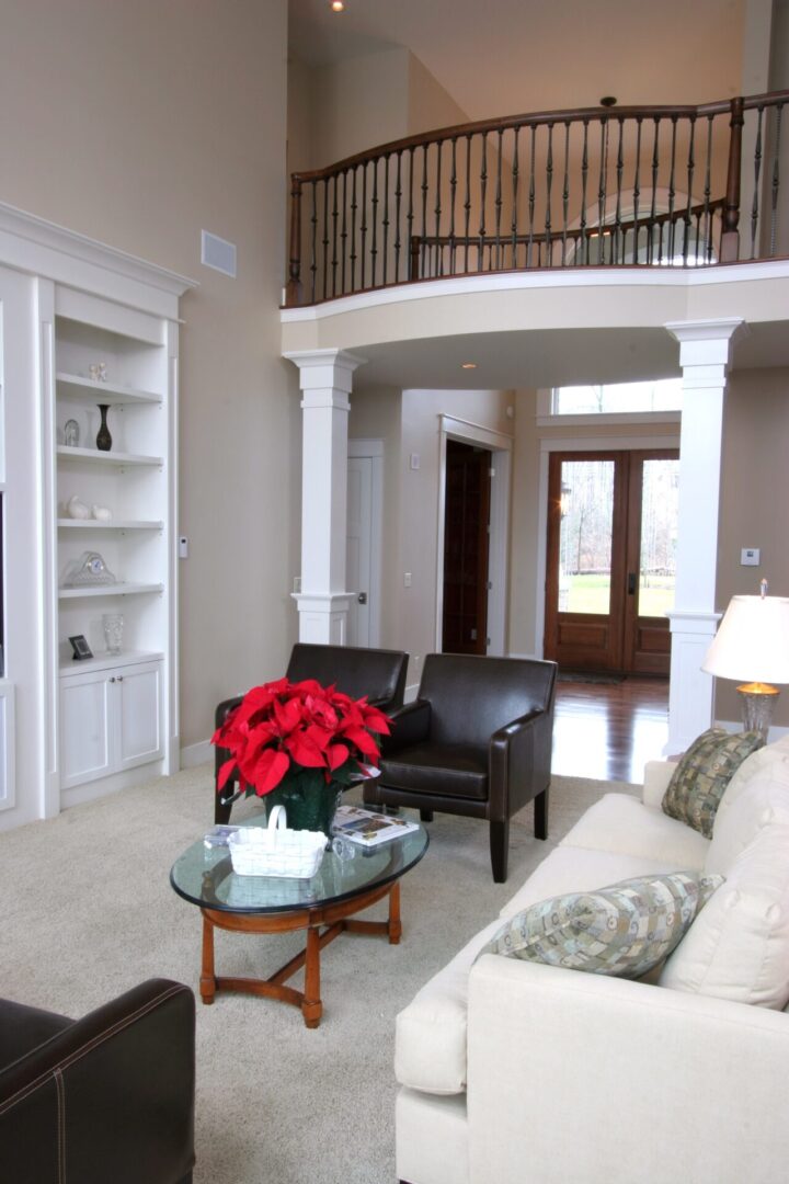 Modern living room with high ceiling design.
