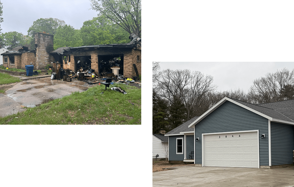 Burned house and a newly rebuilt home.
